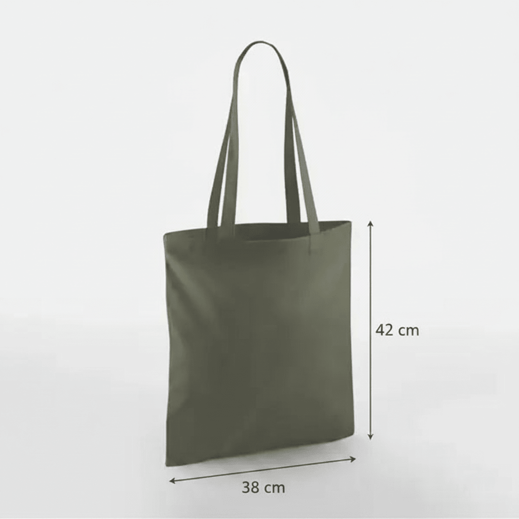 Olive green classic cotton tote bag with long handles and custom print, 38 × 42 cm, shown with height and width measurement markings