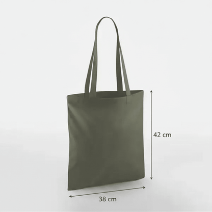 Olive green classic cotton tote bag with long handles and custom print, 38 × 42 cm, shown with height and width measurement markings