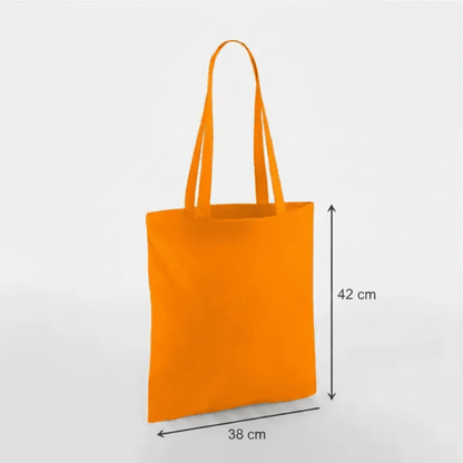 Oranssi kangaskassi pitkillä kahvoilla ja omalla painatuksella, 38 × 42 cm, korkeus- ja leveysmitat merkittynä