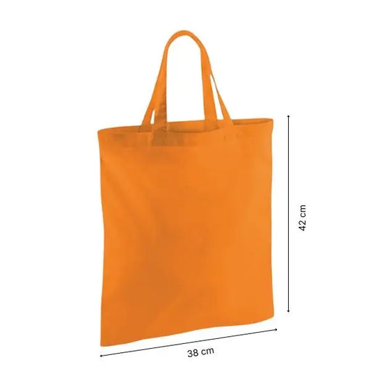 Oranssi kangaskassi lyhyillä kahvoilla ja omalla painatuksella, 38 × 42 cm, korkeus- ja leveysmitat merkittynä