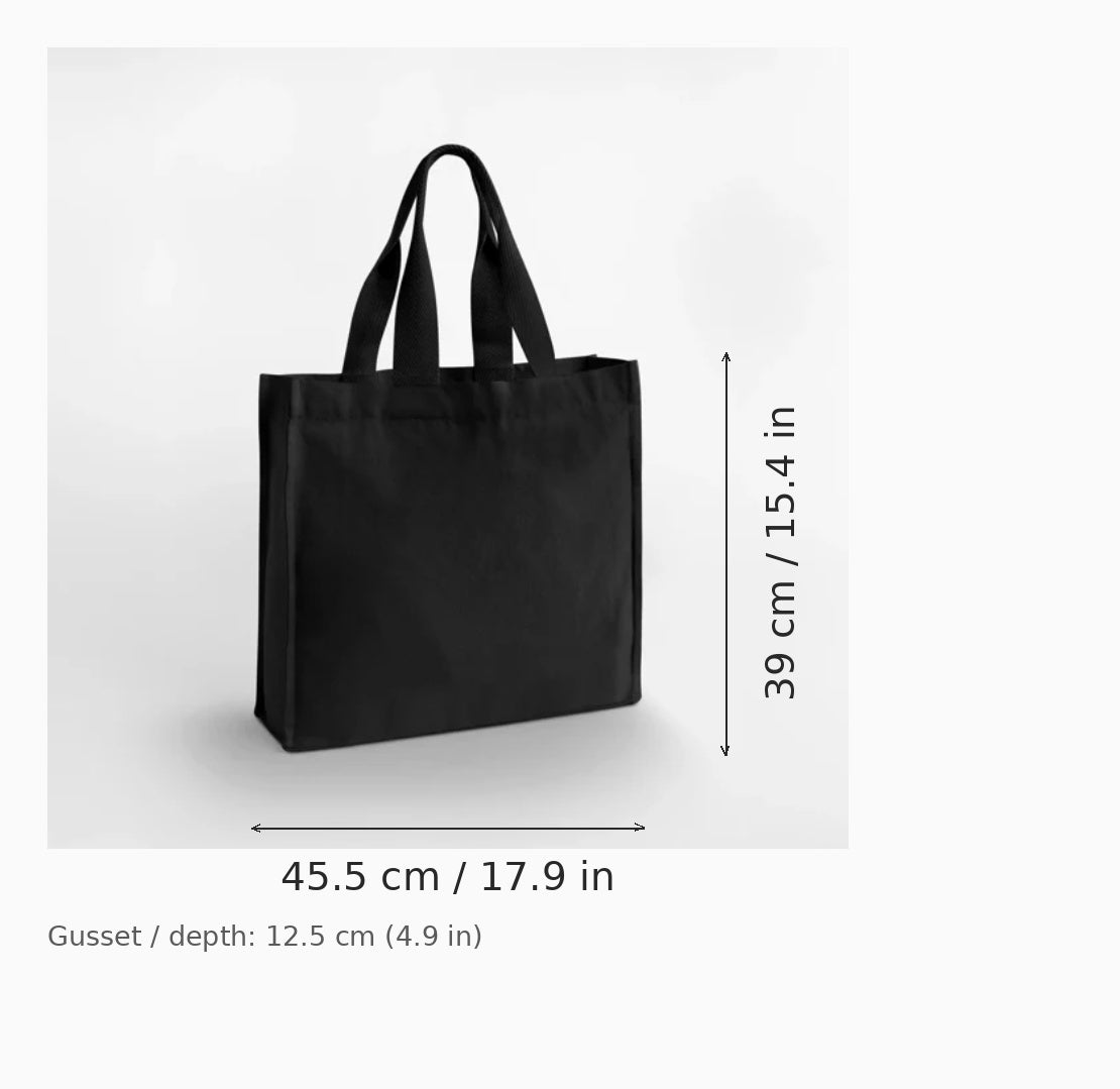 Black recycled cotton Chevron Handle Shopper, 407 g/m², 45.5 x 39 x 12.5 cm — dimension diagram showing width, height, and gusset depth measurements