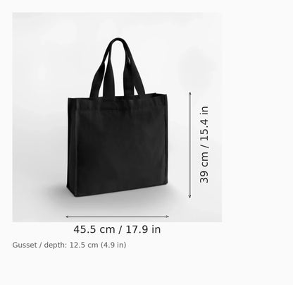 Black recycled cotton Chevron Handle Shopper, 407 g/m², 45.5 x 39 x 12.5 cm — dimension diagram showing width, height, and gusset depth measurements