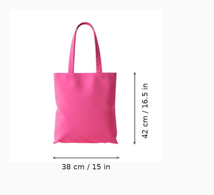 Magentarosa tygkasse med eget tryck, budget, 38 x 42 cm (15 x 16,5 tum), visas med bredd- och höjdmåttpilar