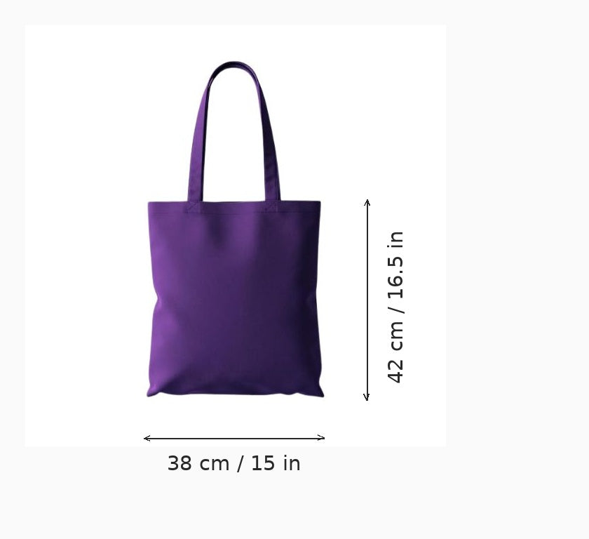 Tote bag personnalisé en coton violet, format économique, 38 x 42 cm (15 x 16,5 po), présenté avec des flèches de mesure de largeur et de hauteur