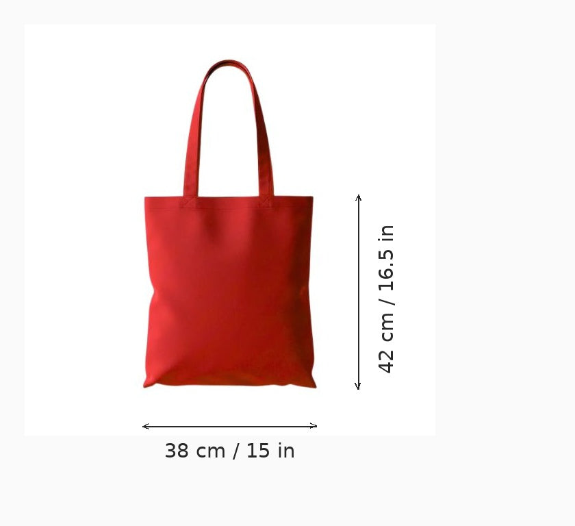 Tote bag personnalisé en coton rouge, format économique, 38 x 42 cm (15 x 16,5 po), présenté avec des flèches de mesure de largeur et de hauteur