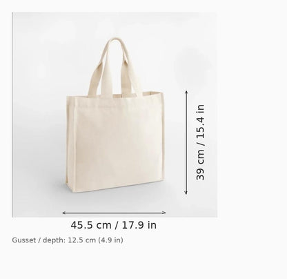 Naturfarvet mulepose i genanvendt bomuld med tryk (Chevron Handle Shopper), 407 g/m², 45,5 x 39 x 12,5 cm — måldiagram med bredde, højde og bunddybde