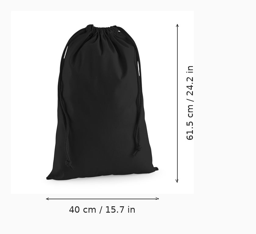 Black cotton drawstring pouch with custom logo print, L 40 x 61.5 cm (15.7 x 24.2 in), shown with width and height measurement arrows