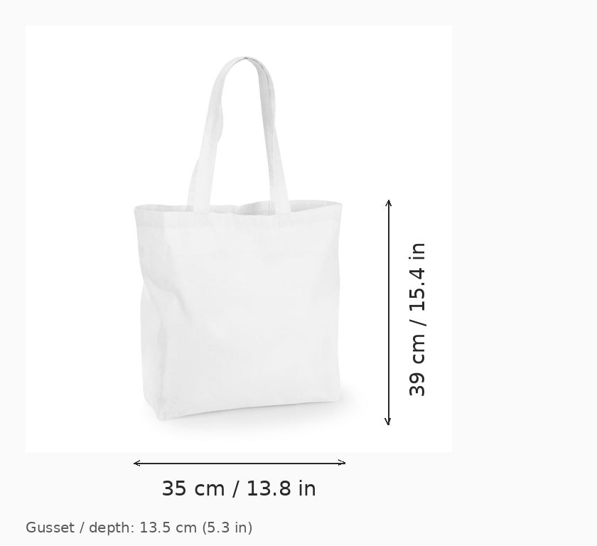 Hvid stor mulepose med bund og sider og logotryk, 140 g/m², 35 × 39 cm med 13,5 cm kile, vist med mål for bredde og højde