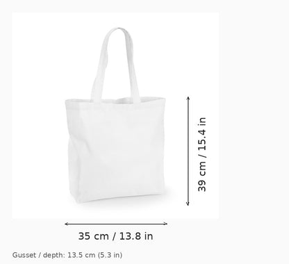 Hvid stor mulepose med bund og sider og logotryk, 140 g/m², 35 × 39 cm med 13,5 cm kile, vist med mål for bredde og højde