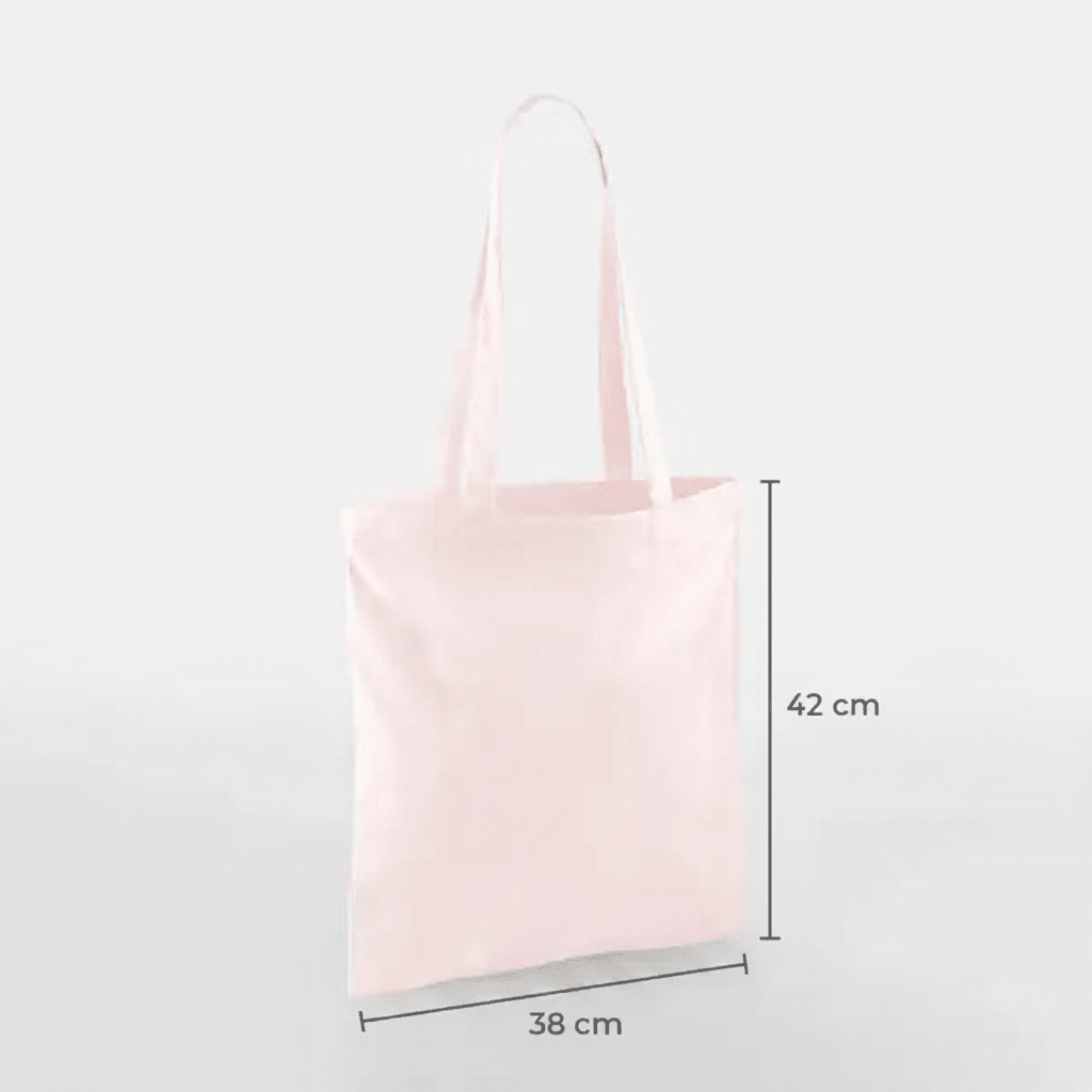 Pastel pink classic cotton tote bag with long handles and custom print, 38 × 42 cm, shown with height and width measurement markings