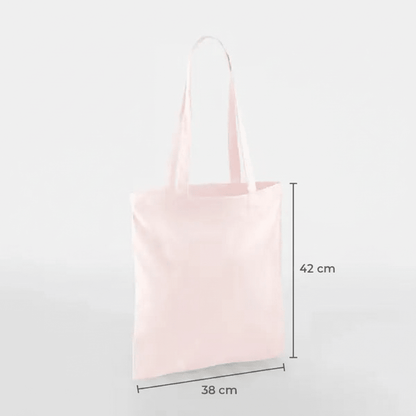 Pastel pink classic cotton tote bag with long handles and custom print, 38 × 42 cm, shown with height and width measurement markings