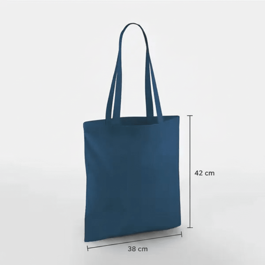 Petrol blue classic cotton tote bag with long handles and custom print, 38 × 42 cm, shown with height and width measurement markings