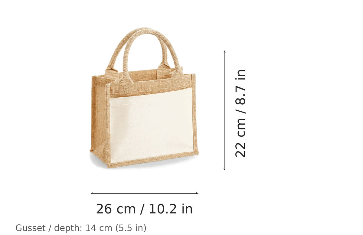 Natural cotton pocket jute gift bag with logo print, 410 g/m², 26 × 22 cm with 14 cm gusset, shown with width and height measurement markings