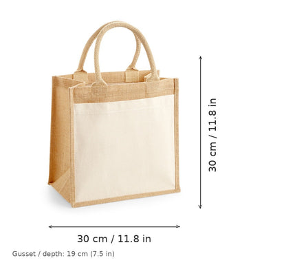 Luonnonvärinen midi-juuttikassi puuvillataskulla ja omalla logopainatuksella, 340 g/m², 30 × 30 cm ja 19 cm:n pohjapoimu, mittakuvassa leveys ja korkeus
