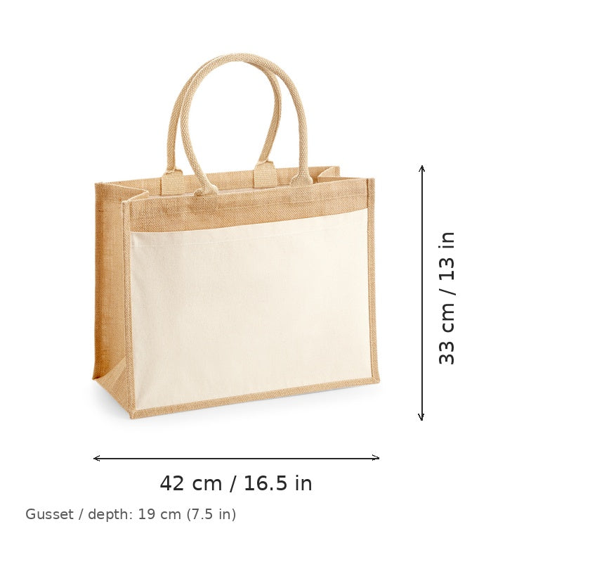 Natural cotton pocket jute shopper with logo print, 340 g/m², 42 × 33 cm with 19 cm gusset, shown with width and height measurement markings