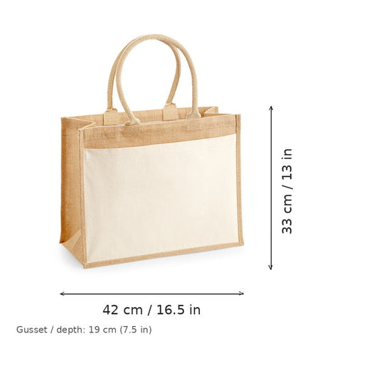 Shopper en jute naturel avec poche en coton et impression logo personnalisée, 340 g/m², 42 × 33 cm avec soufflet de 19 cm, avec dimensions de largeur et de hauteur