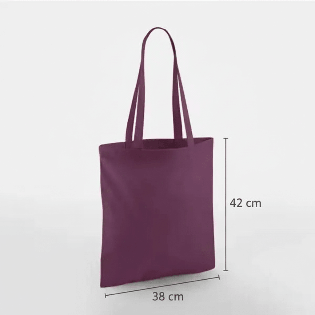 Pflaumenfarbener Stoffbeutel aus Baumwolle mit langen Henkeln und individuellem Druck, 38 × 42 cm, mit Höhen- und Breitenmaßen