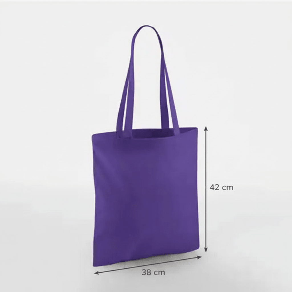 Purple classic cotton tote bag with long handles and custom print, 38 × 42 cm, shown with height and width measurement markings