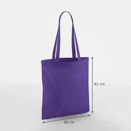 Purple classic cotton tote bag with long handles and custom print, 38 × 42 cm, shown with height and width measurement markings