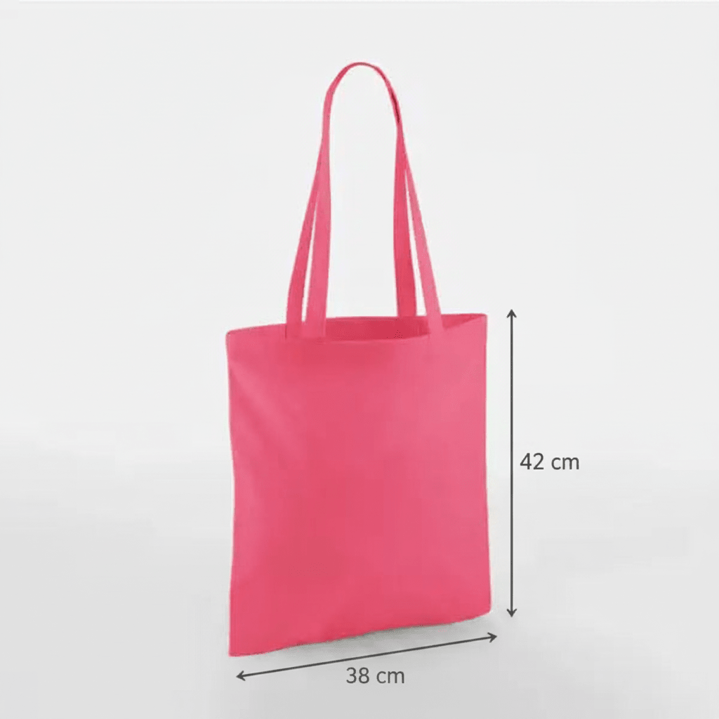 Hindbærpink mulepose i bomuld med lange hanke og eget tryk, 38 × 42 cm, med højde- og breddemål markeret