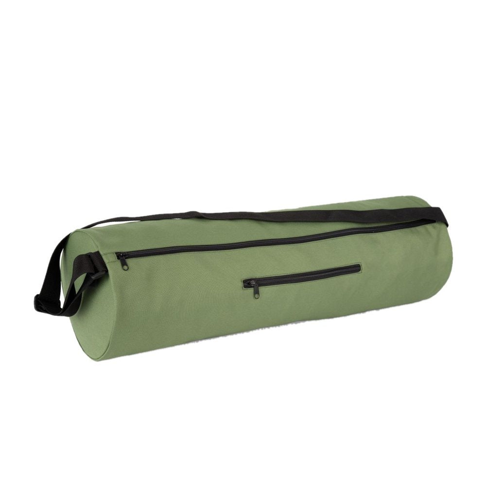 Sac pour tapis de yoga vert matcha avec long zip, poche latérale zippée et bandoulière noire, 69 × 20 cm