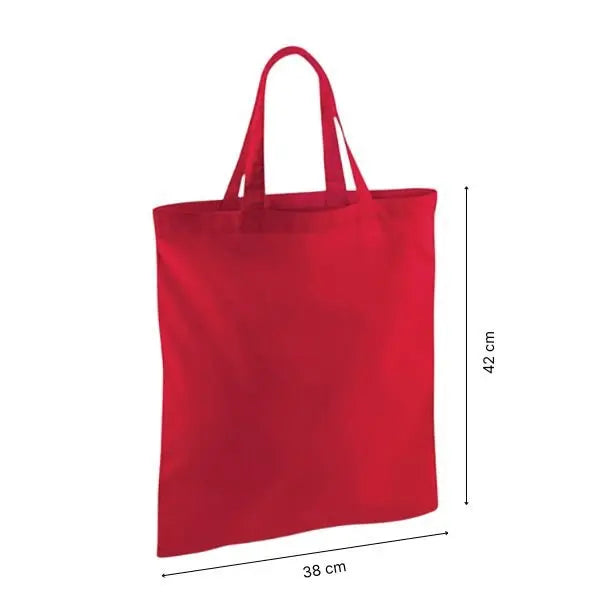 Red cotton tote bag with short handles and custom print, 38 × 42 cm, shown with height and width measurement markings