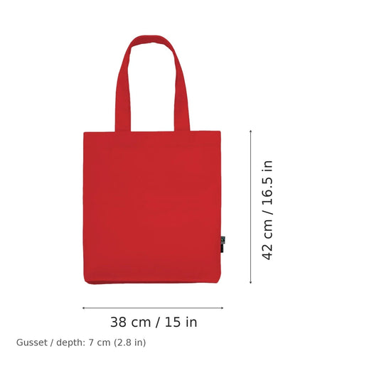 Red Fairtrade organic twill cotton tote bag with logo print, 210 g/m², 38 × 42 cm with 7 cm gusset, shown with width and height measurement markings