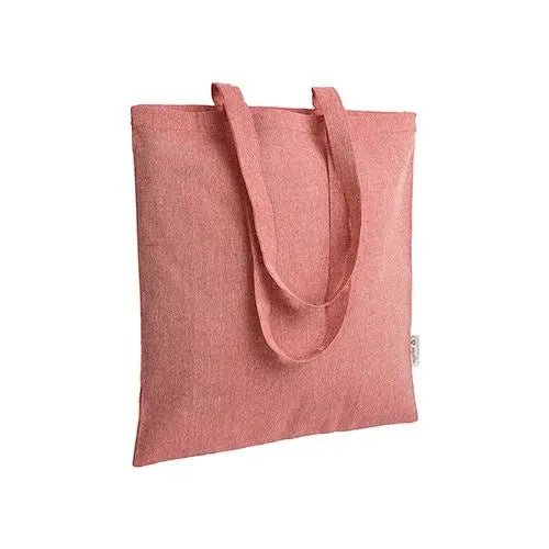 Red mélange recycled tote bag with long handles and custom logo print, 140 g/m², 38 × 42 cm