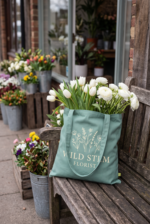 Tote bag personnalisé vert sauge avec le logo d'un fleuriste et des tulipes blanches devant une boutique de fleurs