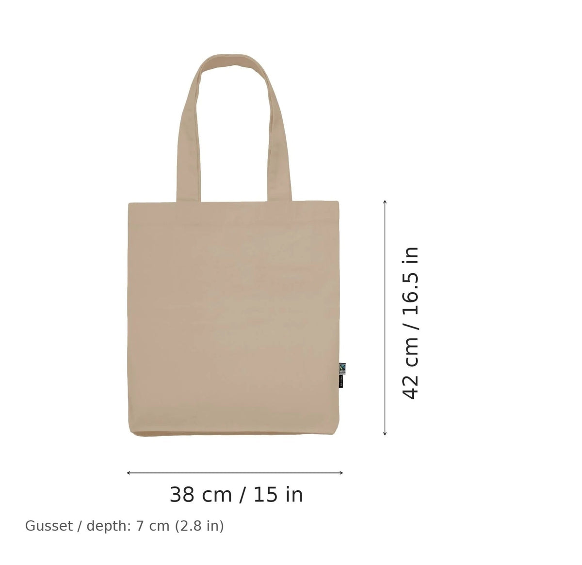 Sandbeige ekologisk twill-tygkasse med eget tryck, 210 g/m², 38 × 42 cm med 7 cm kil, med mått för bredd och höjd