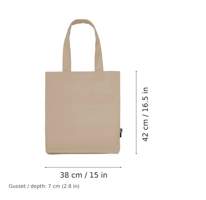 Sandbeige ekologisk twill-tygkasse med eget tryck, 210 g/m², 38 × 42 cm med 7 cm kil, med mått för bredd och höjd