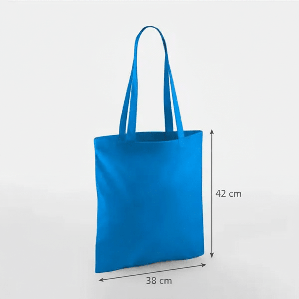 Sapphire blue classic cotton tote bag with long handles and custom print, 38 × 42 cm, shown with height and width measurement markings