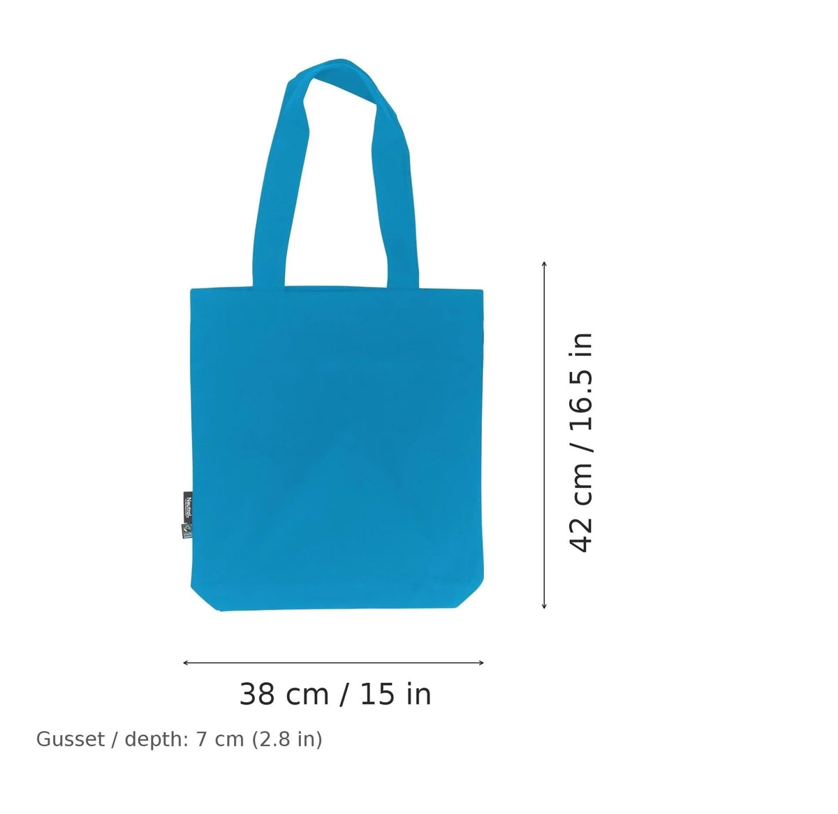 Safiirinsininen luomu-twill-kangaskassi omalla painatuksella, 210 g/m², 38 × 42 cm ja 7 cm:n levike, mittakuvassa leveys ja korkeus