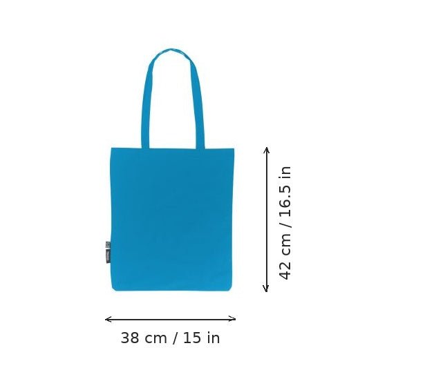 Saphirblauer leichter Jutebeutel aus Bio-Baumwolle mit Logodruck, 120 g/m², 38 × 42 cm, mit Maßangaben für Breite und Höhe