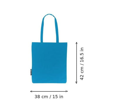 Saphirblauer leichter Jutebeutel aus Bio-Baumwolle mit Logodruck, 120 g/m², 38 × 42 cm, mit Maßangaben für Breite und Höhe