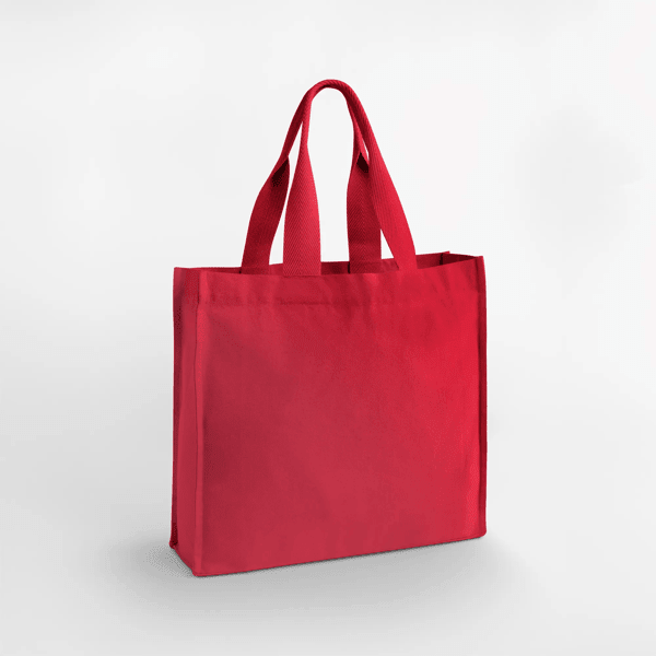 Shopper Chevron Handle rosso scarlatto in canvas di cotone riciclato da 407 g/m², 45,5 × 39 × 12,5 cm, pronta per la stampa del logo personalizzata