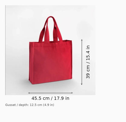 Shopper Chevron Handle rosso scarlatto in cotone riciclato, 407 g/m², 45,5 x 39 x 12,5 cm: schema con le misure di larghezza, altezza e profondità del soffietto