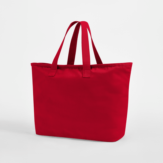 Scarlet red -värinen oversized-kangaskassi, 475 g/m² puuvillacanvasta, 47 × 40 × 17 cm, valmis omalla painatuksella