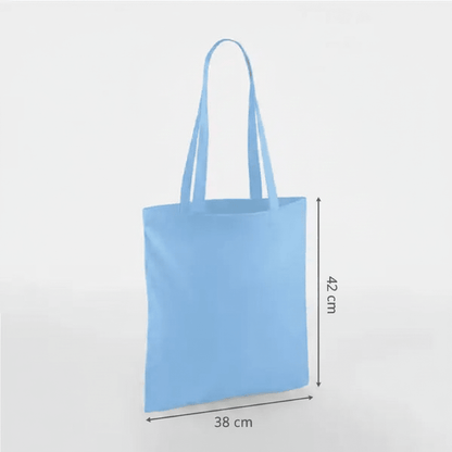 Himmelsblå tygkasse i bomull med långa handtag och eget tryck, 38 × 42 cm, med höjd- och breddmått utmärkta