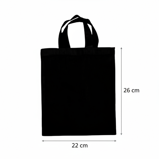 Black small cotton tote bag with custom print, 22 × 26 cm, shown with height and width measurement markings