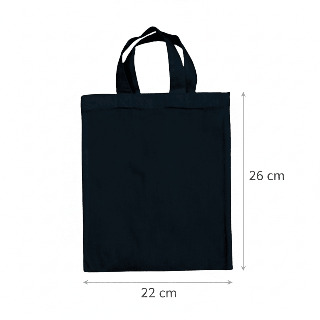 Kleiner Jutebeutel aus Baumwolle in Marineblau mit individuellem Druck, 22 × 26 cm, mit eingezeichneten Höhen- und Breitenmaßen