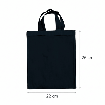 Kleiner Jutebeutel aus Baumwolle in Marineblau mit individuellem Druck, 22 × 26 cm, mit eingezeichneten Höhen- und Breitenmaßen