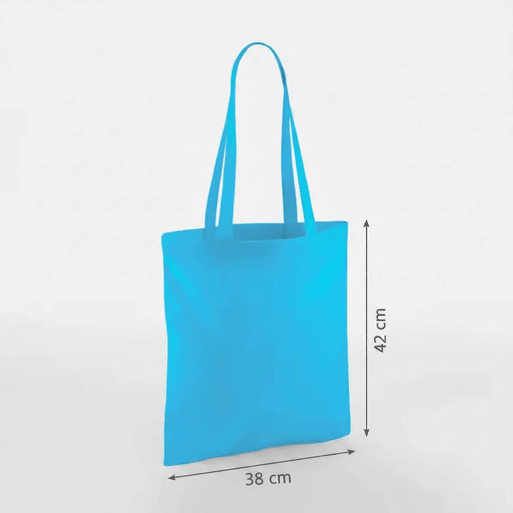 Surf blue classic cotton tote bag with long handles and custom print, 38 × 42 cm, shown with height and width measurement markings