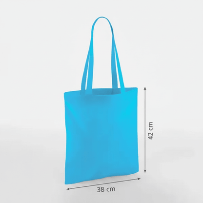 Surf blue classic cotton tote bag with long handles and custom print, 38 × 42 cm, shown with height and width measurement markings