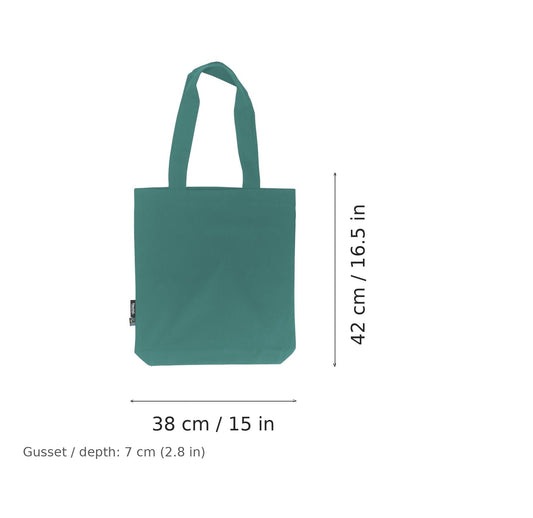 Petroleumsgrøn mulepose i økologisk twill med eget tryk, 210 g/m², 38 × 42 cm med 7 cm kile, vist med mål for bredde og højde