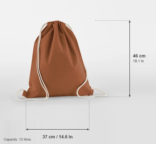 Luomupuuvillainen kiristysnyöripussi, väri Terrakotta, 140 g/m², mitat: leveys 37 cm, korkeus 46 cm, tilavuus 12 litraa
