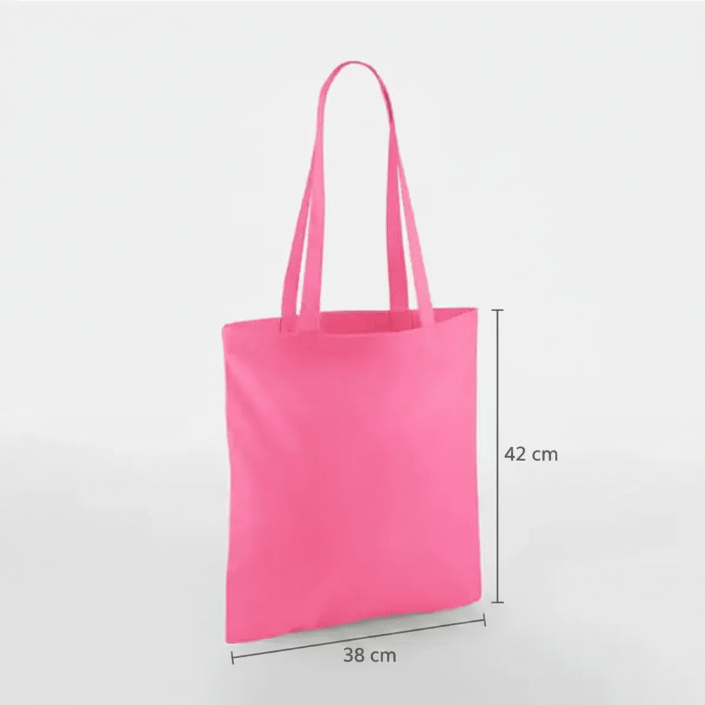 Klarrosa tygkasse i bomull med långa handtag och eget tryck, 38 × 42 cm, med höjd- och breddmått utmärkta