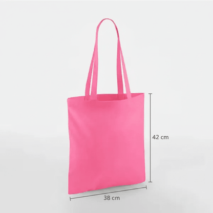 Klarrosa tygkasse i bomull med långa handtag och eget tryck, 38 × 42 cm, med höjd- och breddmått utmärkta