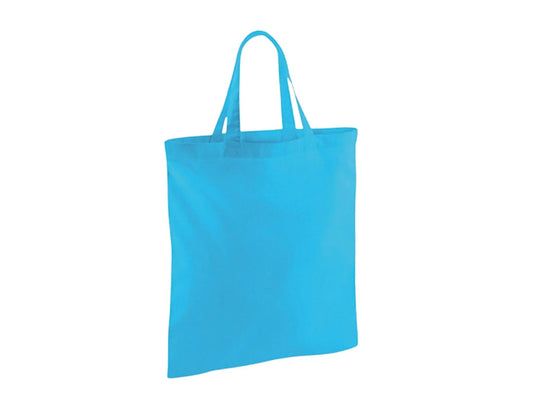 Turkoosi puuvillakassi lyhyillä kahvoilla ja logopainatuksella (140 g/m², 38×42 cm)