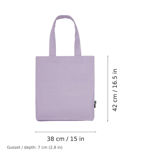 Støvet lilla mulepose i økologisk twill med eget tryk, 210 g/m², 38 × 42 cm med 7 cm kile, vist med mål for bredde og højde